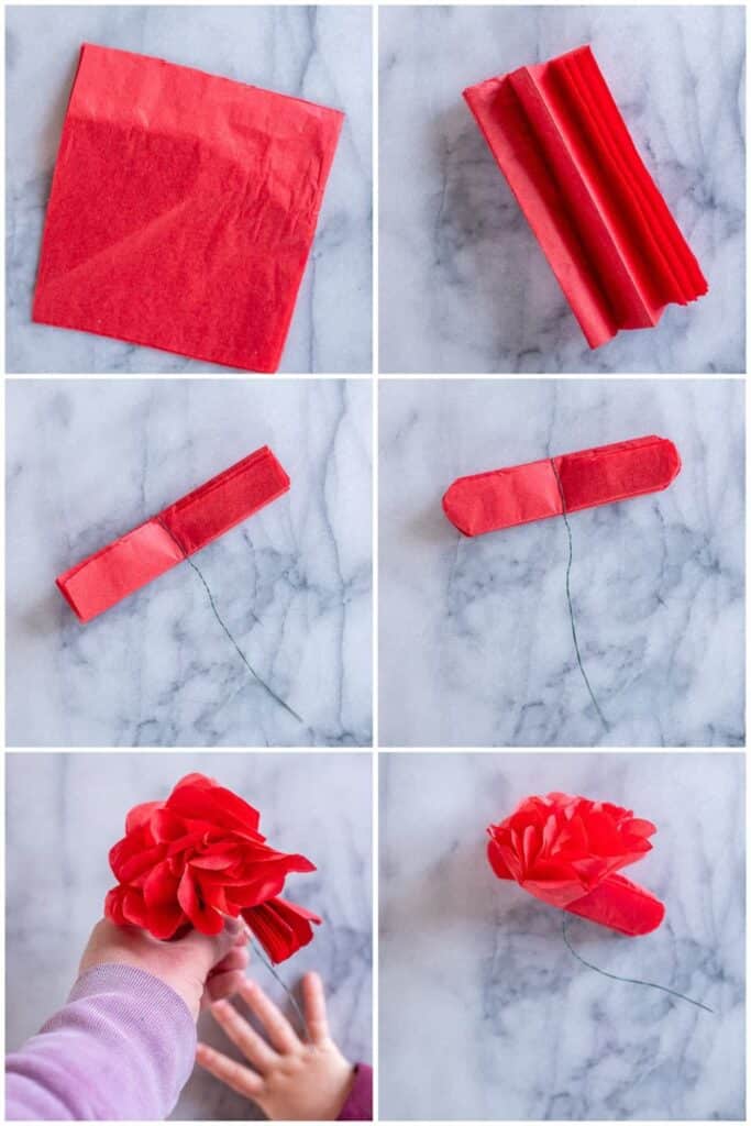 Step-by-step guide to making a red tissue paper flower with wire stem on a marble surface.