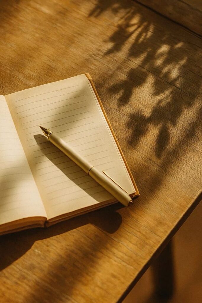 Open notebook with pen under warm sunlight on wooden table.