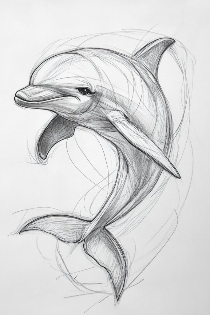 Sketch of a dolphin in motion, showcasing detailed pencil shading and elegant curves on a light background.