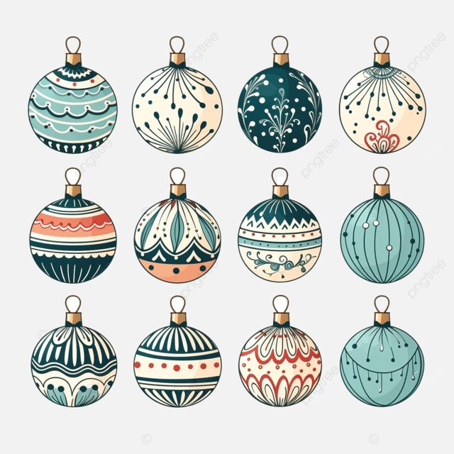 Twelve vintage-style Christmas ornaments, each uniquely decorated with patterns, on a white background.