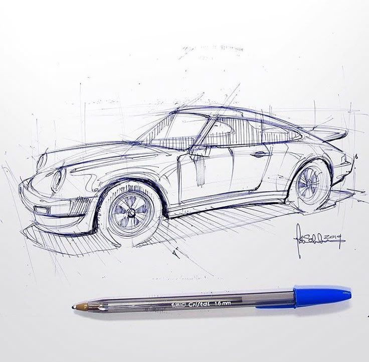 Sketch of a classic sports car drawn in pen, showcasing intricate details and design, with a pen displayed below.