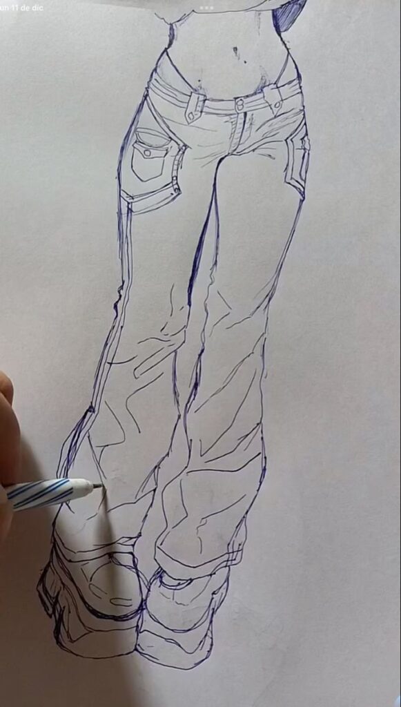 Hand-drawn fashion sketch of a woman in flared pants and platform shoes, highlighting detailed pocket design.