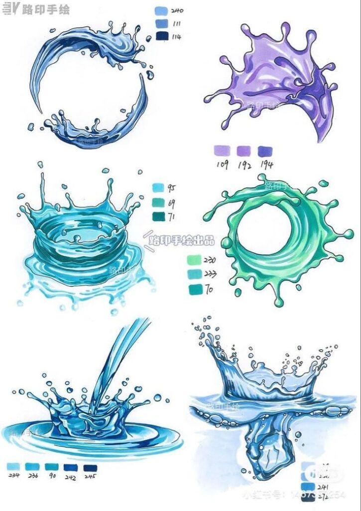 Illustration showing colorful water splashes with different shades and splash styles for artistic reference.