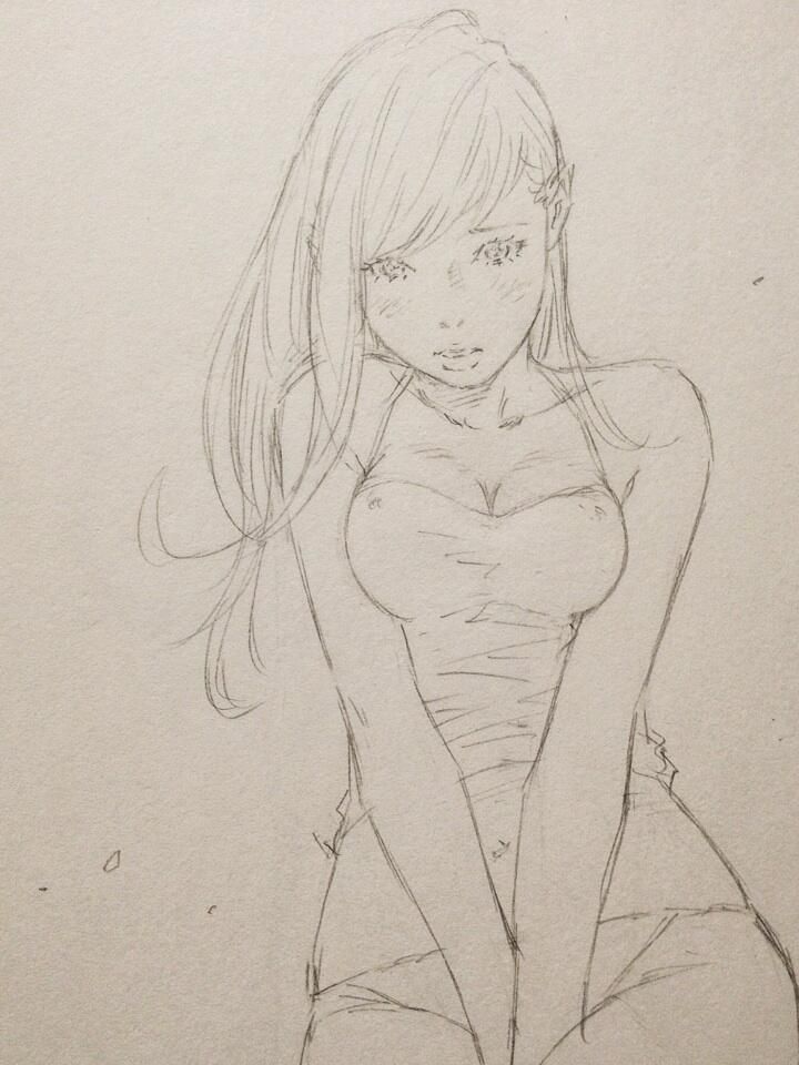 Anime-style sketch of a woman with long hair and a shy expression, wearing a strapless top and shorts.