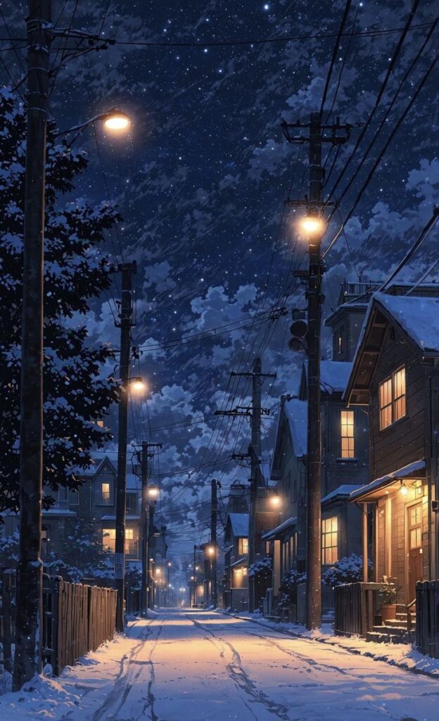 Snowy winter street at night with glowing streetlights and cozy houses, starry sky above.