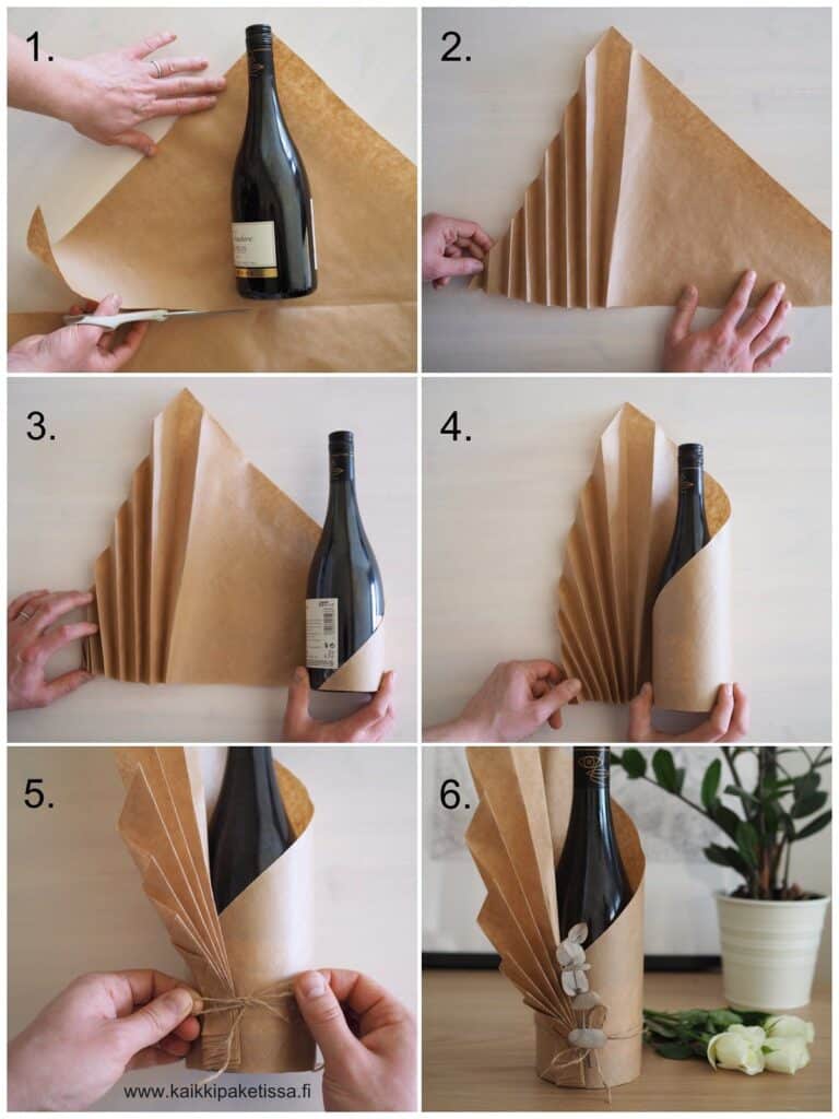Step-by-step guide to wrapping a wine bottle with brown paper, creating a fan design for a unique gift presentation.