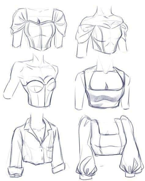 Sketches of different women's tops, including corsets and blouses, in various styles and necklines.
