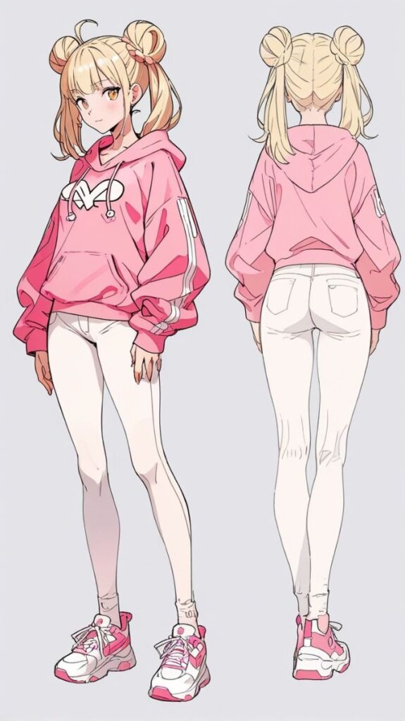 Anime girl in pink hoodie and white leggings, front and back view, stylish fashion illustration.