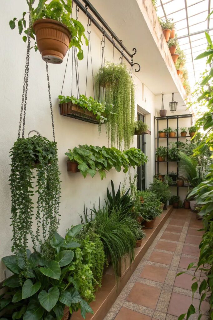 Lush vertical garden with hanging and potted plants on a patio, showcasing vibrant greenery and serene ambiance.