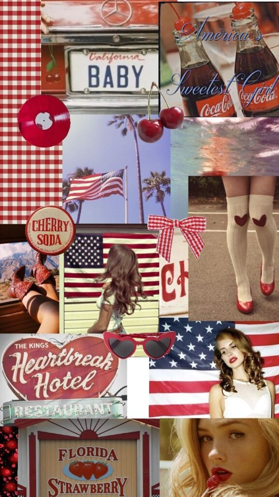 Retro American collage with flags, cherry soda, classic cars, and cozy socks for a vintage vibe.