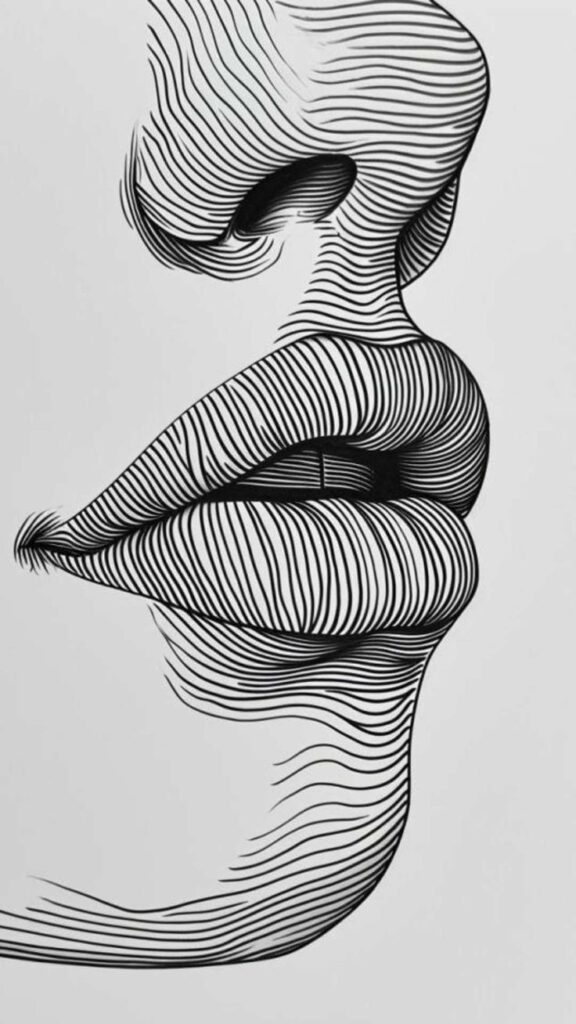 Abstract line art of a human face and lips, creating a modern and intricate optical illusion.