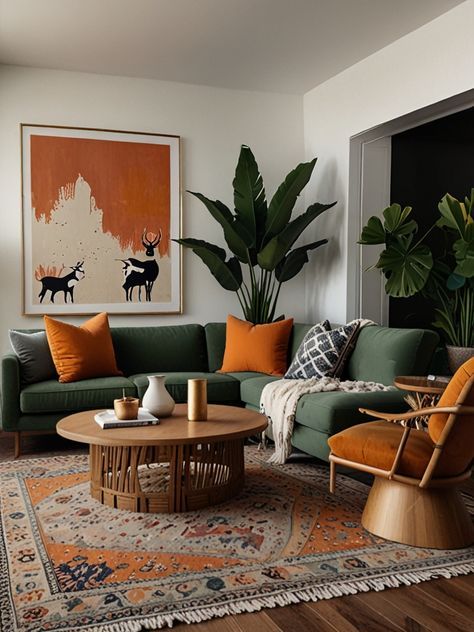 Stylish living room with green sofa, orange accents, wood table, plant decor, and deer artwork on the wall.