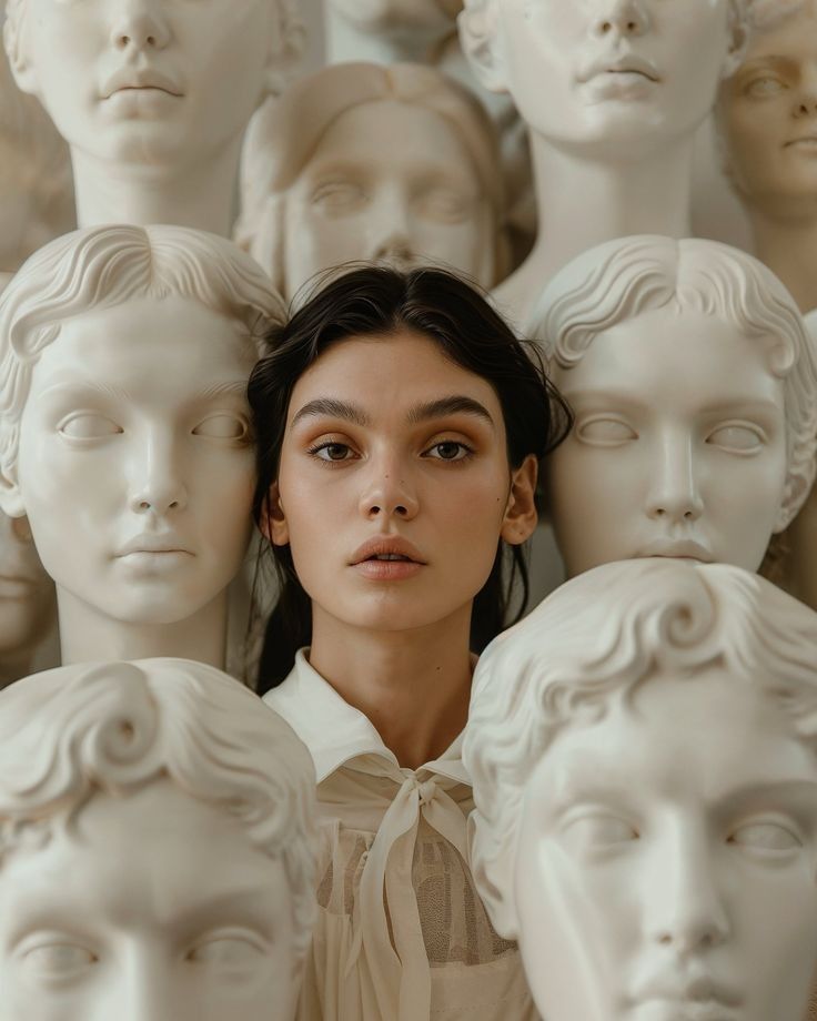 Woman amidst marble busts, blending art and reality in a serene, contemplative setting. photo ideas