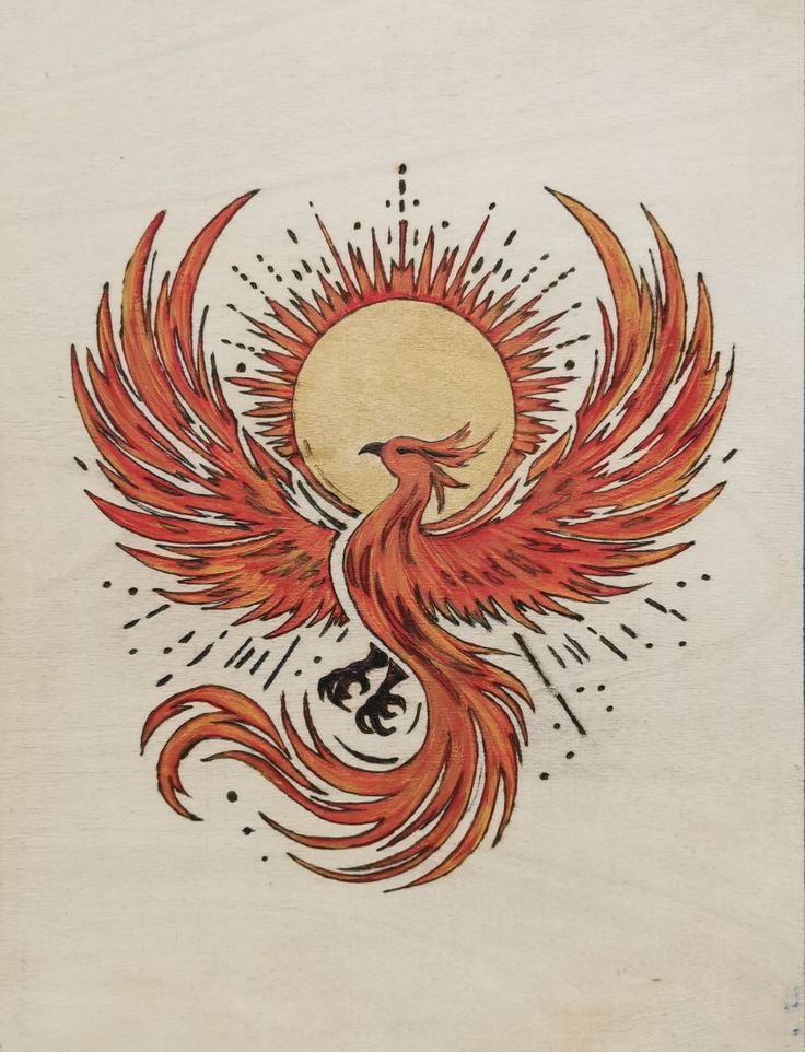 Fiery phoenix with outstretched wings, surrounded by a radiant sunburst, symbolizing rebirth and renewal.