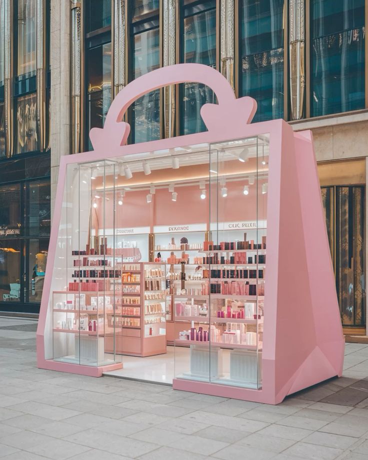 Pink handbag-shaped cosmetics store with glass walls, showcasing colorful beauty products in an urban setting.