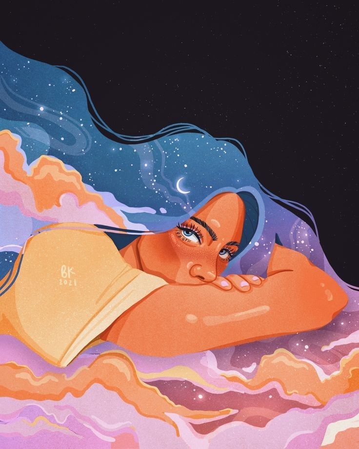 Illustration of a woman with cosmic hair lying on colorful clouds under a starry sky. Magic drawing