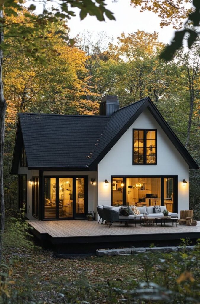 Cozy modern cabin in autumn forest with warm interior lighting and inviting patio furniture.