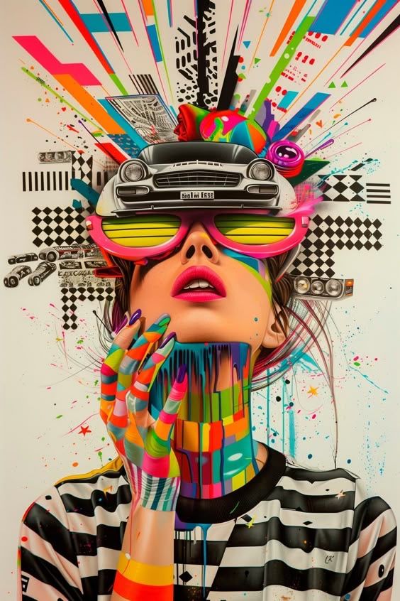 Colorful pop art collage of a woman with vivid face paint, sunglasses, and a car on her head, vibrant abstract elements.