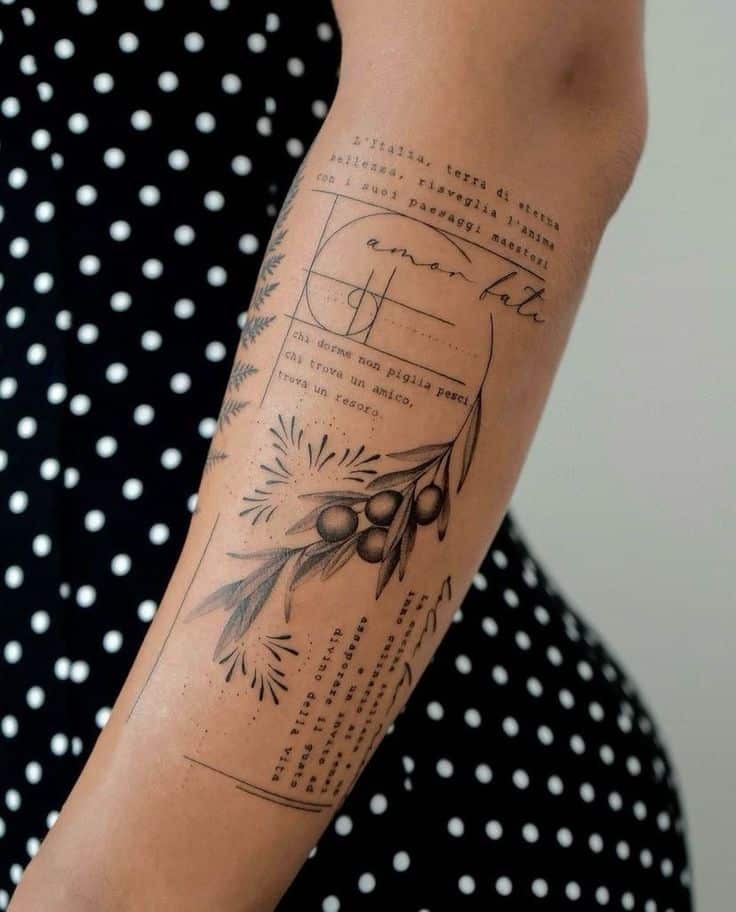Forearm tattoo featuring text and botanical design against a polka dot background.