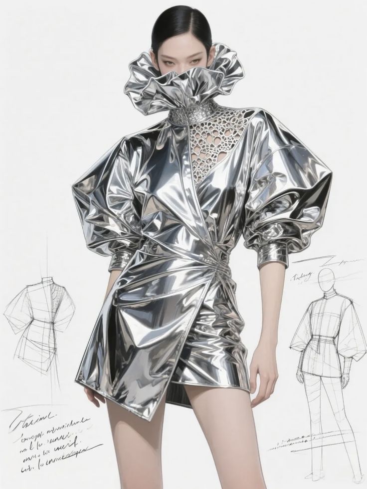 Screenshot Futuristic fashion design with metallic dress and ruffled collar, accompanied by outfit sketches on white background. | Sky Rye Design Futuristic fashion design with metallic dress and ruffled collar, accompanied by outfit sketches on white background.