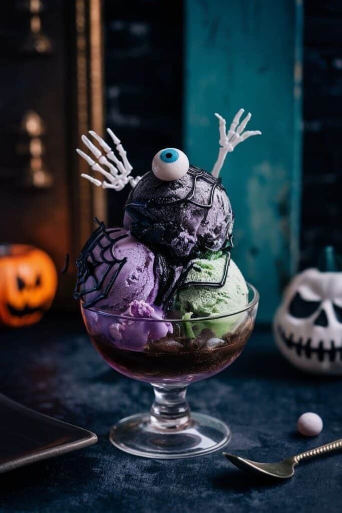 _ 1 Halloween-themed ice cream with eyeball, skeleton hands, and spider webs in a glass bowl. Spooky dessert vibes. | Sky Rye Design Halloween-themed ice cream with eyeball, skeleton hands, and spider webs in a glass bowl. Spooky dessert vibes.