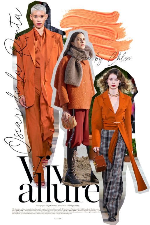 Fashion collage with models in orange outfits by Oscar de la Renta and See by Chloe, showcasing vibrant fall trends.