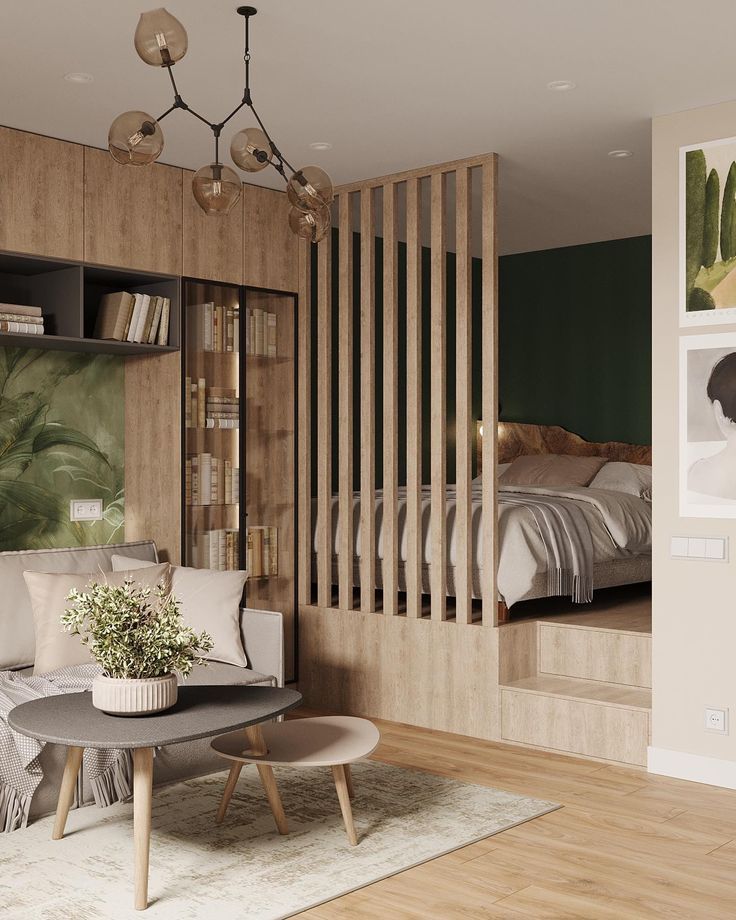 Modern apartment with open living area, wooden accents, cozy bed nook, and stylish decor.