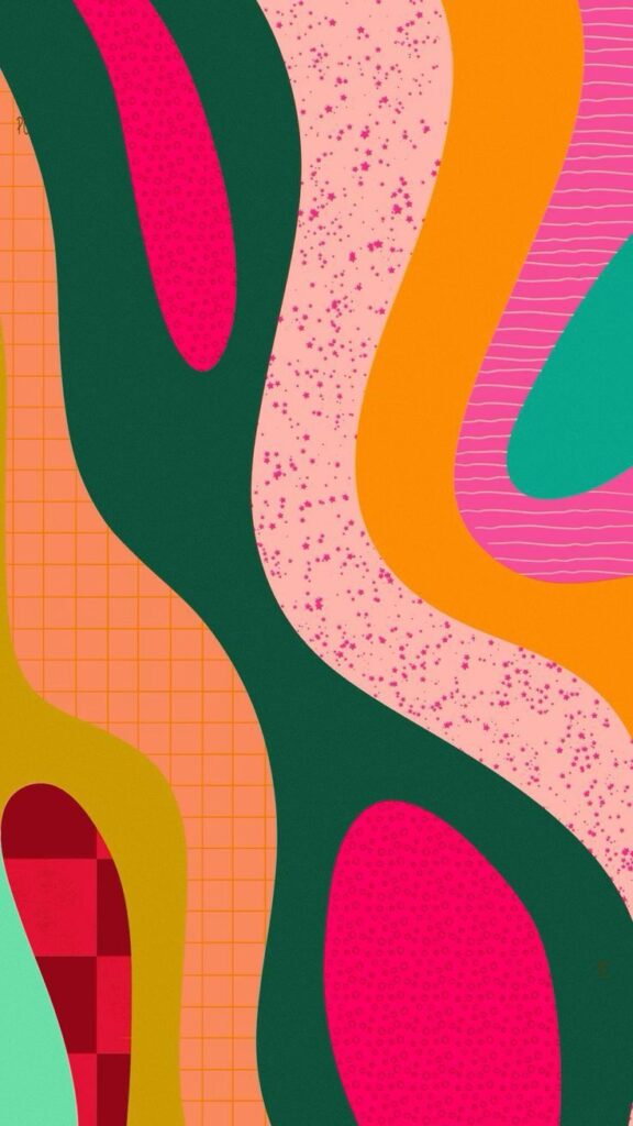 Abstract art with colorful, organic shapes and textured patterns in pink, orange, green, and red.