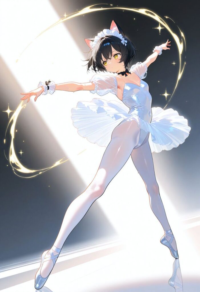 Anime catgirl in ballet pose, wearing white tutu and cat ears with sparkling magic effects around her.