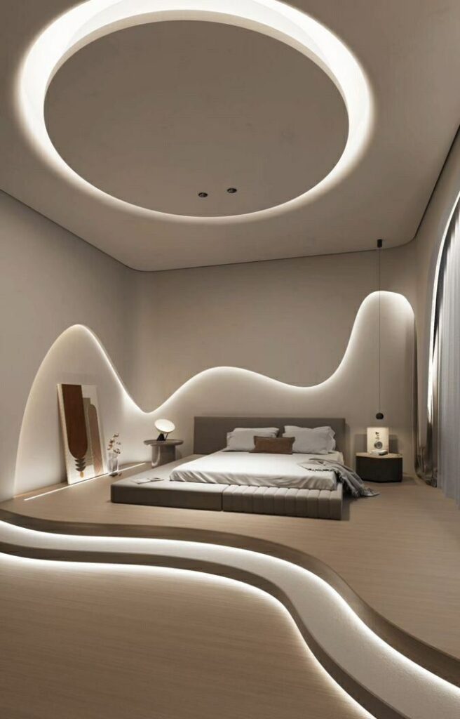 Modern bedroom with unique wave design, featuring ambient lighting and contemporary furniture for a serene atmosphere.