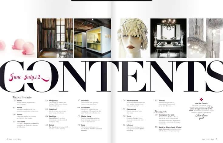 Magazine contents page with bold title, images of interior designs, and a list of departments and features for June/July.