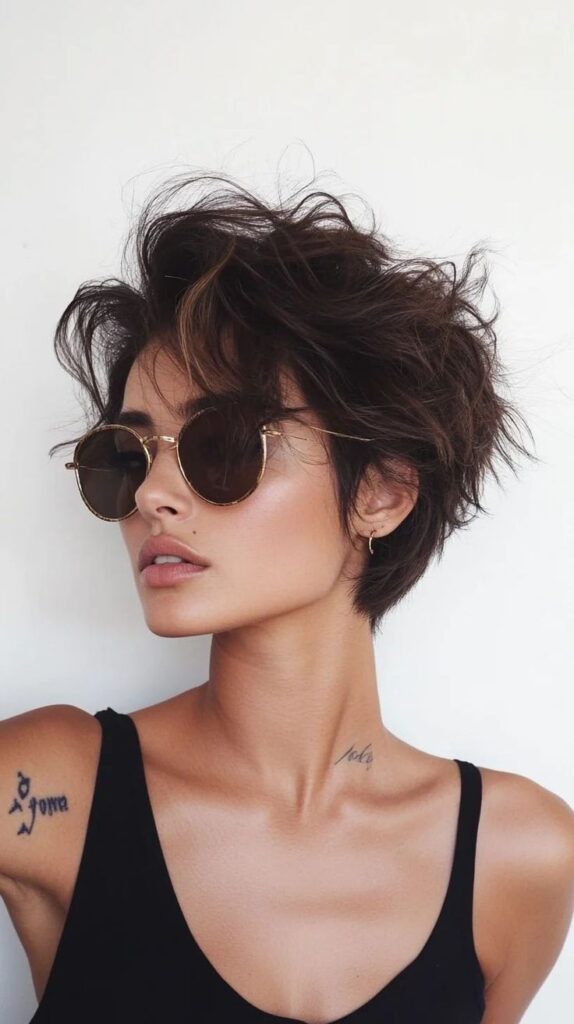 Trendy woman with short tousled hair, wearing sunglasses and a black tank top, exudes a chic and edgy style.