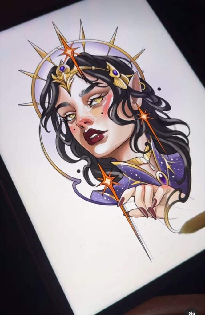 Stylized digital artwork of a fantasy character with crown and stars, drawn on a tablet.
