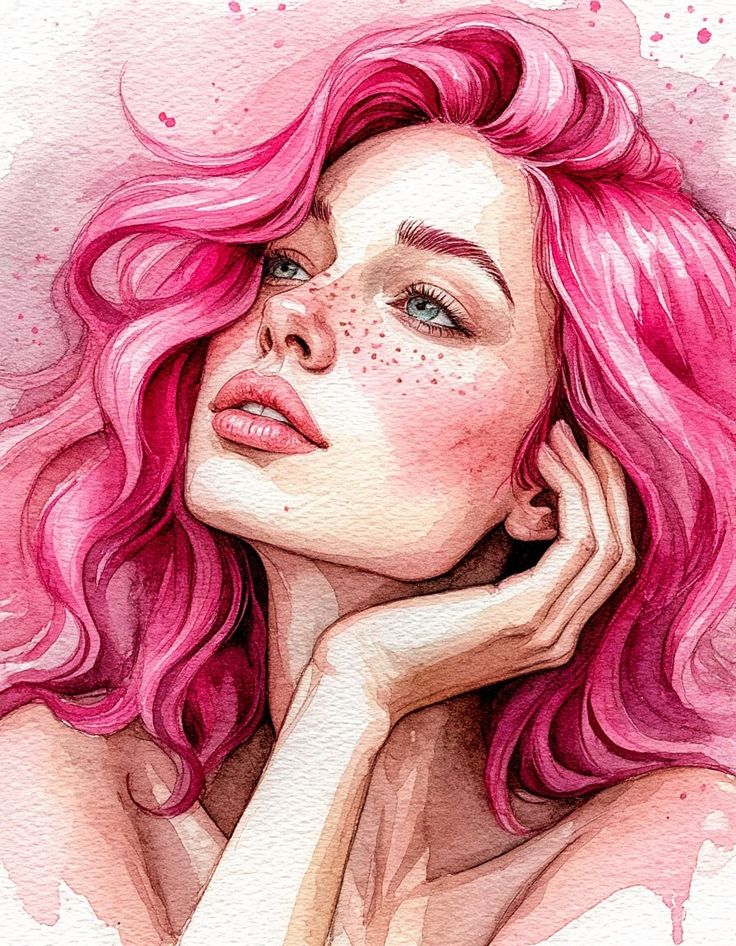Watercolor portrait of a woman with pink hair and freckles, gazing thoughtfully upward.