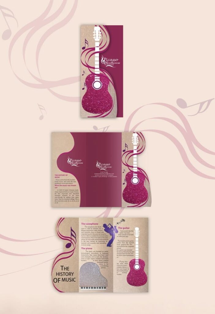 Music history brochure design featuring guitar, saxophone, and piano illustrations on a decorative background.