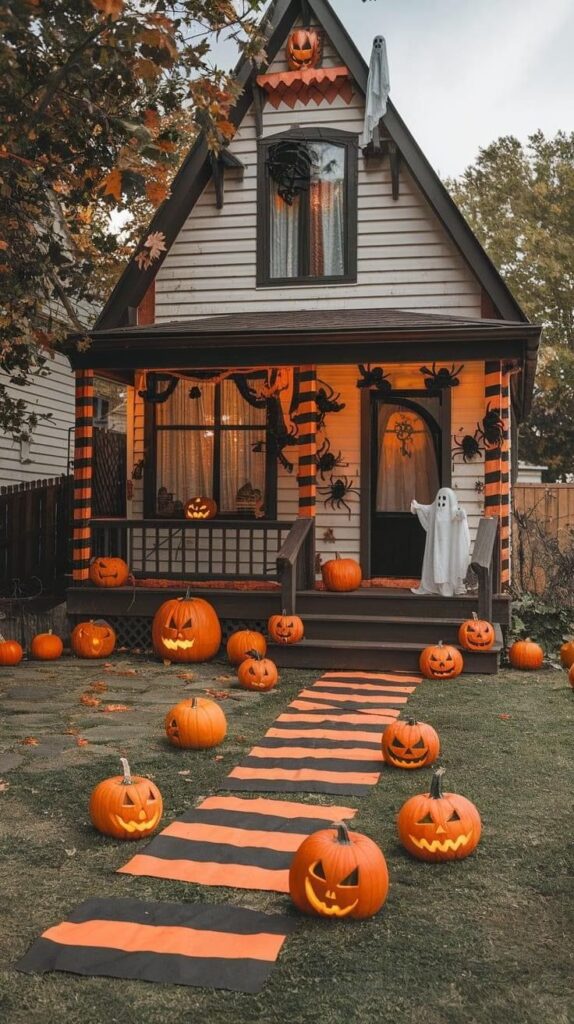 Halloween-decorated house with jack-o'-lanterns and spooky ghost for a festive, eerie look.