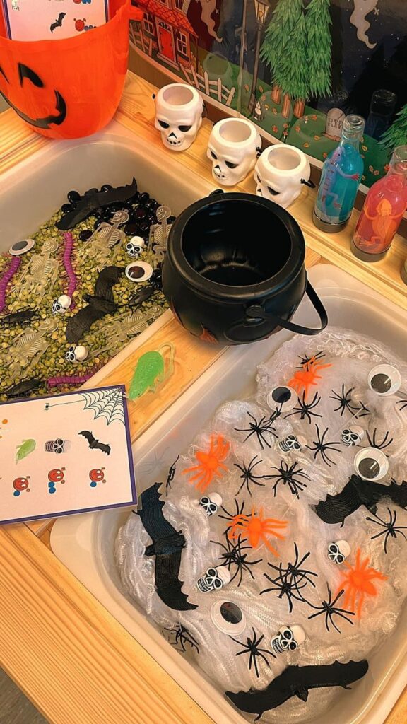 _ 10 Halloween sensory bins with creepy spiders, skeletons, bats, and a cauldron for a spooky fun setup. | Sky Rye Design Halloween sensory bins with creepy spiders, skeletons, bats, and a cauldron for a spooky fun setup.