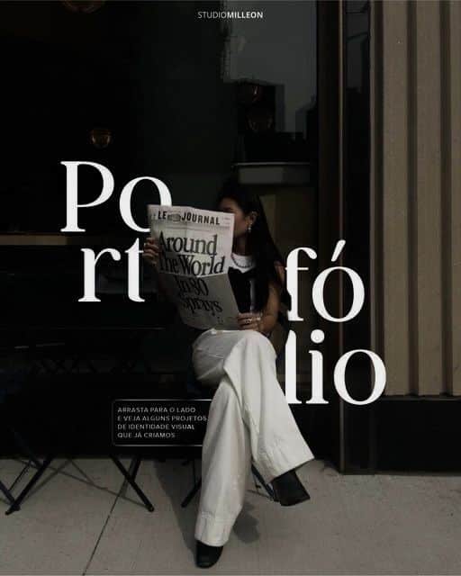 Person reading a newspaper on a patio, with stylish typography overlay: Portfólio.