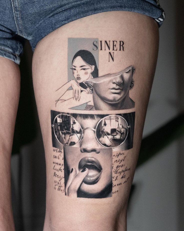 Collage-style thigh tattoo featuring artistic portraits and abstract elements with text in the background.