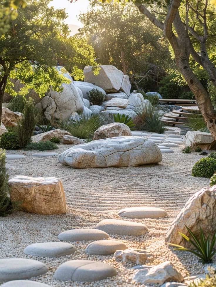 Serene zen garden with large rocks, smooth stone path, and lush greenery under dappled sunlight.