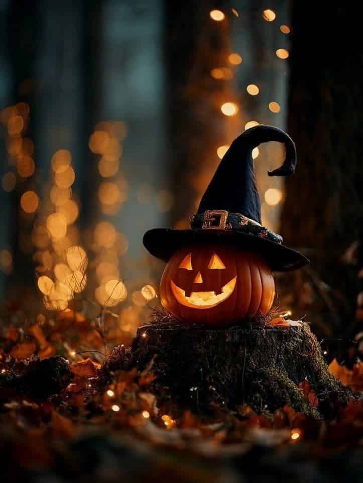 Spooky Halloween pumpkin with witch hat glowing on tree stump in dark, enchanted forest with bokeh lights.