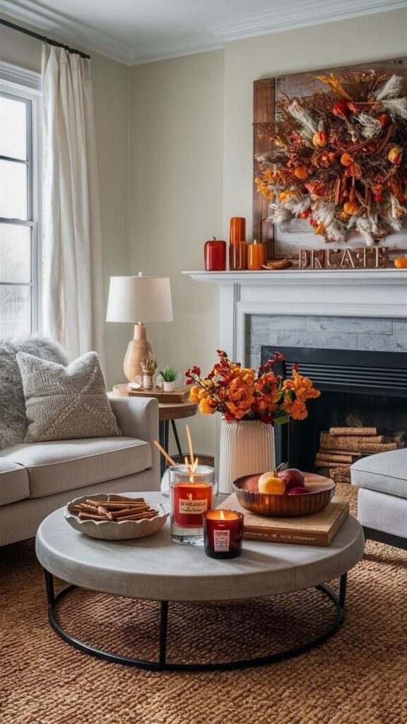 Cozy living room with fall decor, candles, and a wreath over the fireplace. Comfortable seating and natural light.
