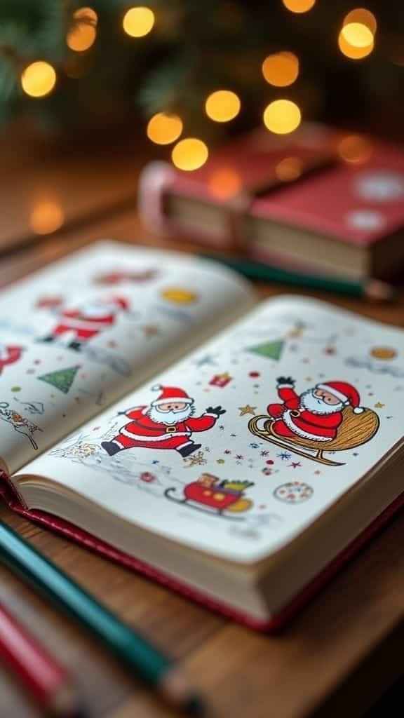 10 Christmas Doodle Drawing Ideas for the Holidays Open book with Santa illustrations on a festive wooden table with blurred holiday lights in the background. | Sky Rye Design Open book with Santa illustrations on a festive wooden table with blurred holiday lights in the background.