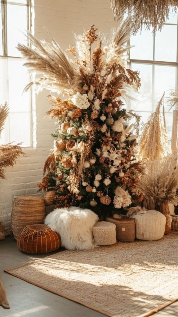 Boho Christmas tree with pampas grass, dried flowers, and cozy cushions in a sunlit, rustic room.