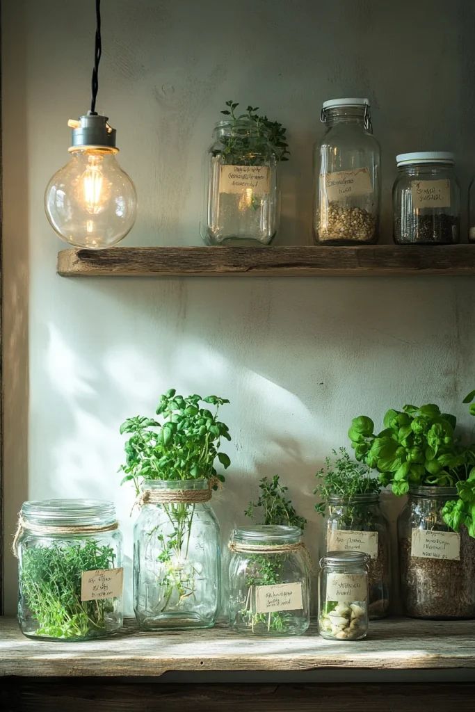 Glass jars with fresh herbs on wooden shelves next to a glowing light bulb, perfect for a cozy kitchen decor.