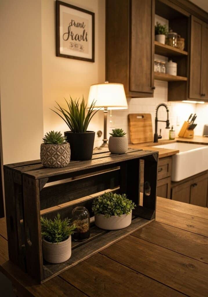Rustic kitchen decor with potted plants on a wooden shelf, warm lighting and dark wood cabinets in the background.