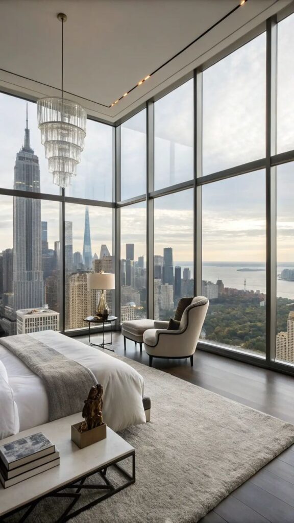 10 Elegant Bedrooms Blending Comfort and Style Luxurious bedroom with panoramic city skyline views and elegant decor in a high-rise apartment. | Sky Rye Design Luxurious bedroom with panoramic city skyline views and elegant decor in a high-rise apartment.