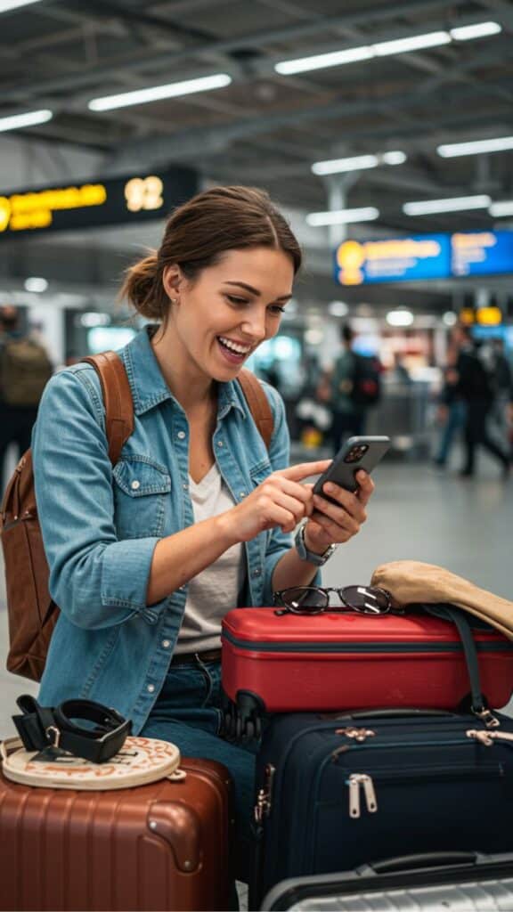 Traveler using smartphone joyfully at airport with luggage, wearing denim jacket and backpack, departure signs visible.