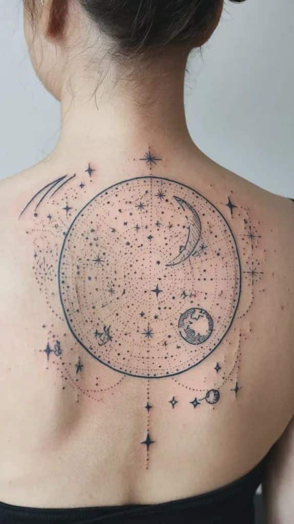 Back tattoo featuring celestial design with stars, moon, and planets, illustrating a cosmic theme on a person's upper back.