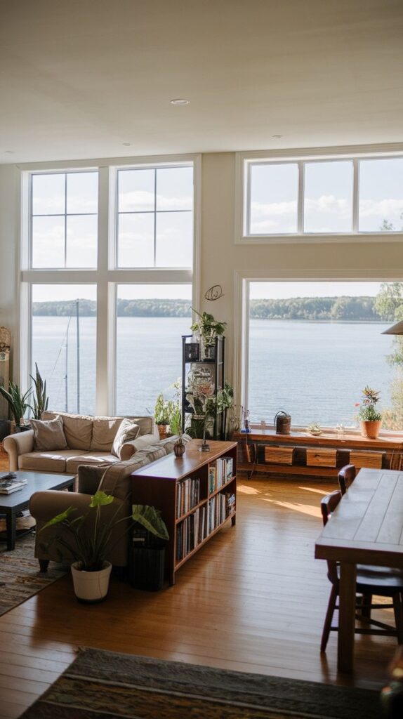 10 Stunning Lake Interior Design Ideas for Your Home Cozy living room with large windows overlooking a scenic lake, featuring a sofa, bookshelf, and indoor plants. | Sky Rye Design Cozy living room with large windows overlooking a scenic lake, featuring a sofa, bookshelf, and indoor plants.